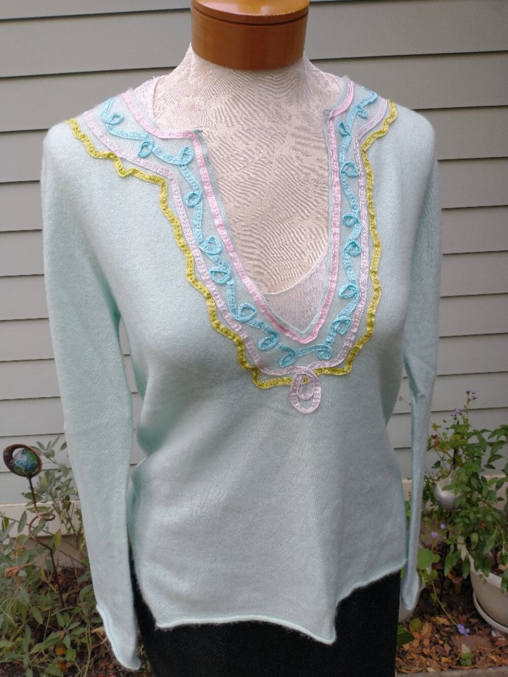 Cardigan: cashmere, baby blue, ribbon embellishments. Small - by Palmer Jones